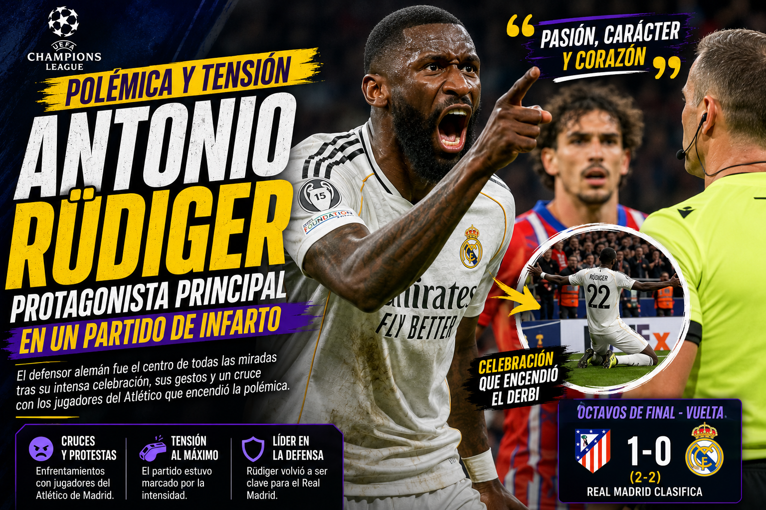 Antonio Rüdiger fue protagonista principal en la vuelta de los octavos de Champions League entre Atlético y Real Madrid