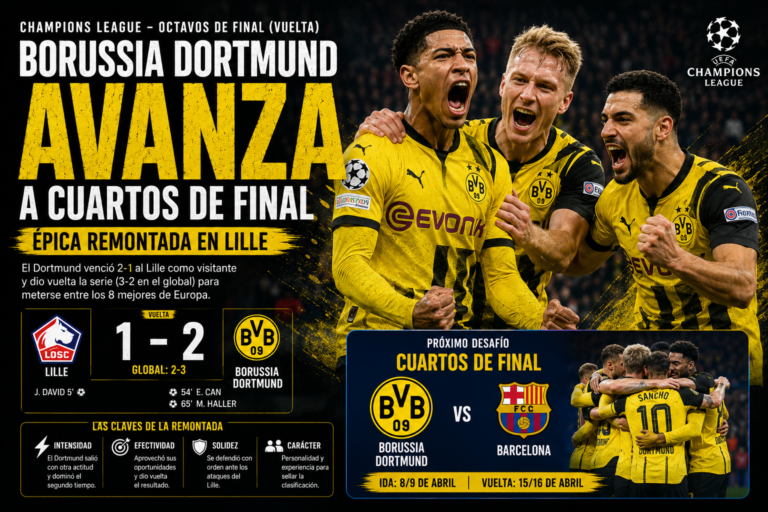 Borussia Dortmund avanza a cuartos y se enfrentará al Barcelona tras una remontada en Lille.