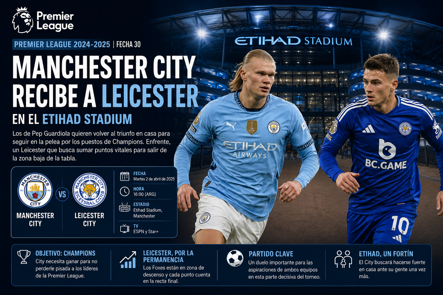 Manchester City recibe en el Etihad Stadium a Leicester por la 30ª fecha de la Premier League 2024-2025