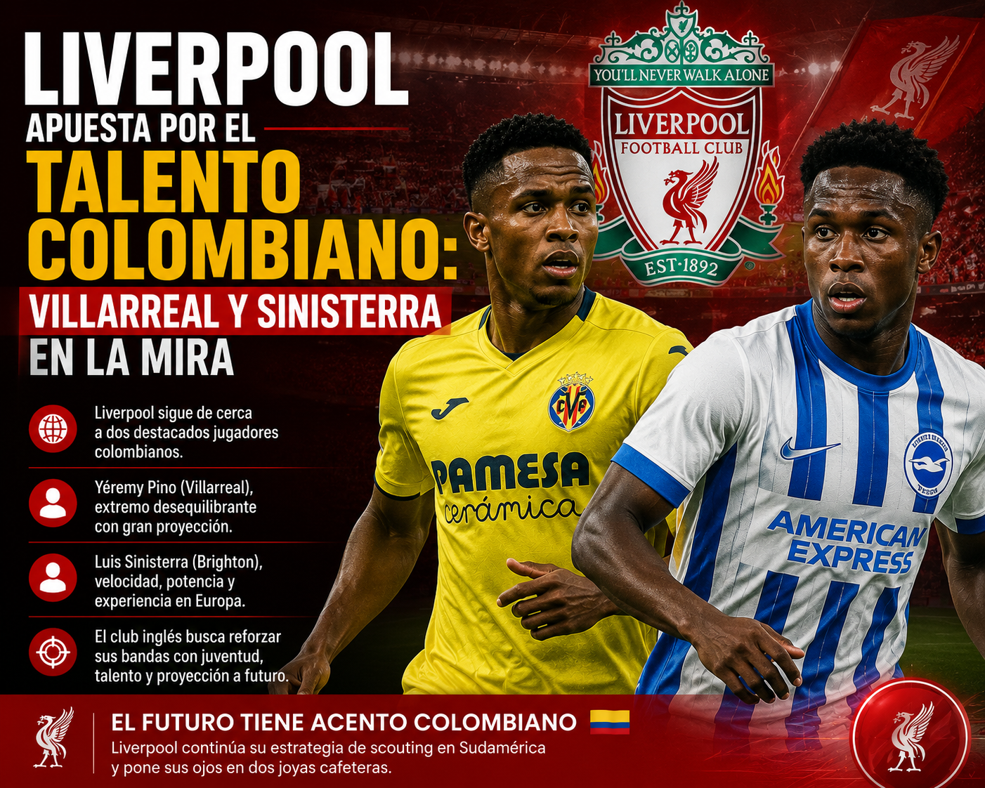 Liverpool apuesta por el talento colombiano Villarreal y Sinisterra en la mira