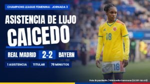 Linda Caicedo con la camiseta de la Selección Colombia, con el marcador Real Madrid 2-2 Bayern de la Champions League femenina