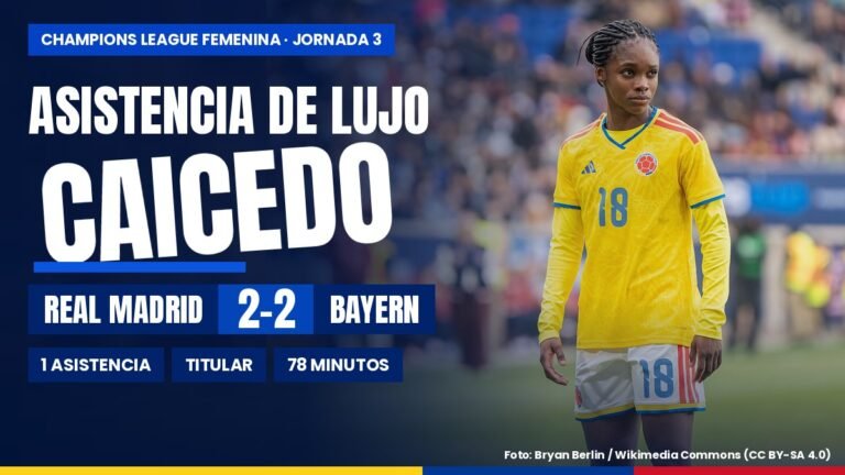 Linda Caicedo con la camiseta de la Selección Colombia, con el marcador Real Madrid 2-2 Bayern de la Champions League femenina